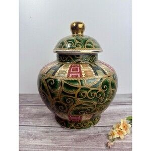 Vintage Oriental Accent 9.5" Jar Vase Urn Lidded Green Gold Red elegant